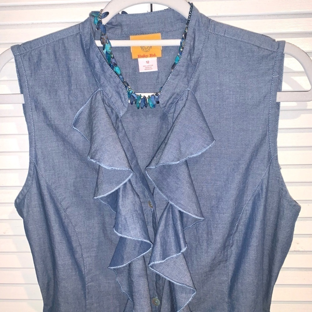Ruby Rd. Blue Button up Sleeveless ruffled Blouse - Picture 2 of 7